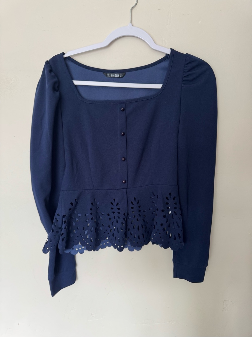 SHEIN Navy Square-Neck Laser-Cut Peplum Blouse